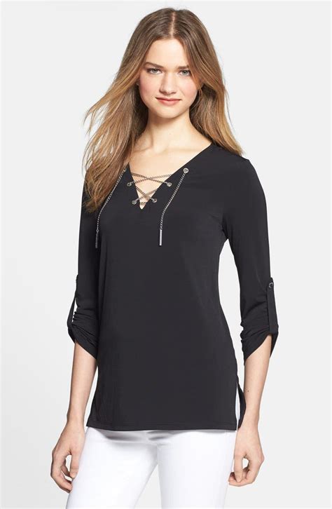 michael michael kors chain lace-up v-neck bell sleeve top